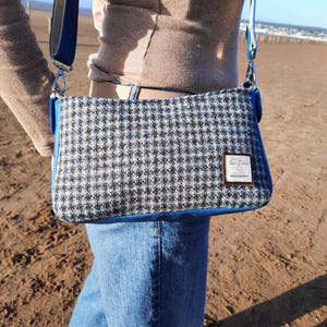 Handmade Harris Tweed Crossbody Bag: Blue Grey Check, Interchangeable Straps