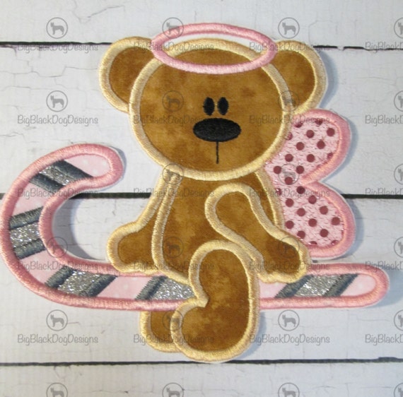 Candy Cane Christmas Angel Bear - Iron On Embroidered Applique