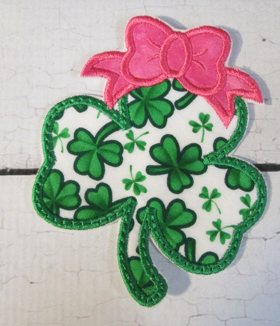 Shamrock with Bow, Iron On Applique Patch, Sew On, Custom Made, Embroidered, Patches