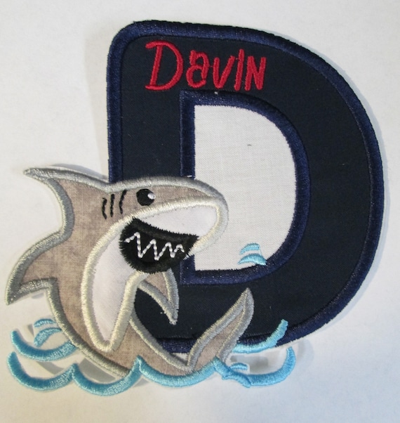 Shark Birthday Letter or Number, Iron On Applique Patch, Sew On, Custom Made, Embroidered, Patches