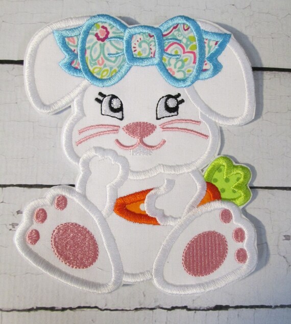 Easter Bunny Girl with Carrot - Iron On or Sew On Embroidered Applique