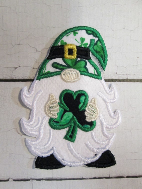 Gnome with Shamrock or Clover Iron On Embroidered Applique Patch, Handmade, Custom Made