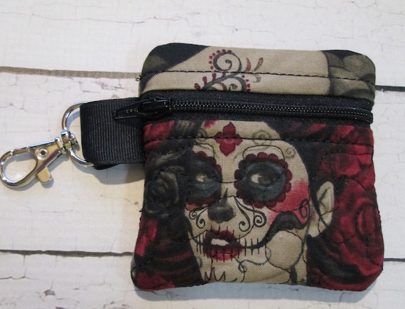 Zena Zipper Pouch, Las Elagantas - All Sizes - Bag, Handmade Bag Accessory - Skull Quilted, Embroidered Zipper Bag with Lobster Clasp
