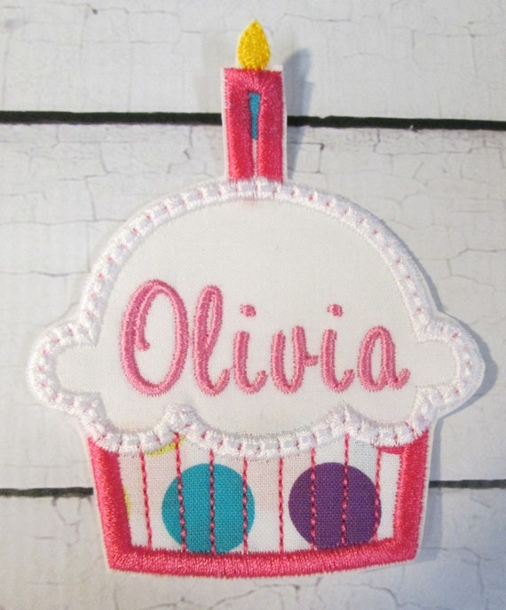Cupcake with Candle, Iron On Applique Patch, Sew On, Custom Made, Embroidered, Patches