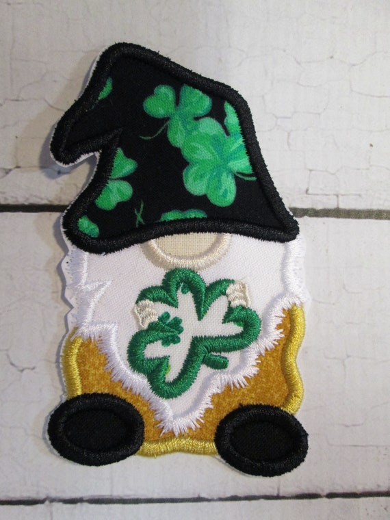 Gnome Shamrock - Iron On , Sew On, Glue On Embroidered Applique Patch, Clover, St. Patricks Day