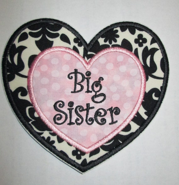 Iron On Applique - Big Sister and Little Sister Damask Hearts