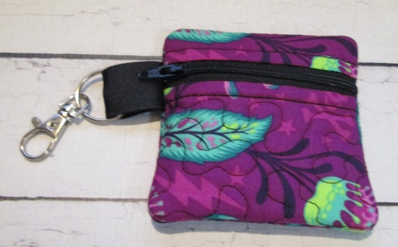 Zena Zipper Pouch - Small Coin Purse, Bag, Handmade Bag Accessory - Tula Pink Quilted, Embroidered Zipper Bag with Lobster Clasp