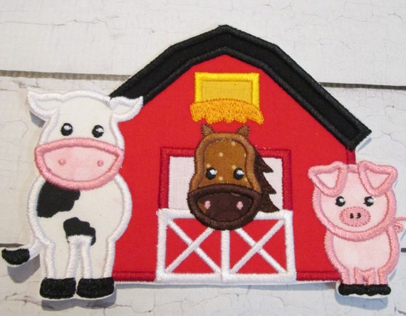 Barn with Animals, Iron On Applique Patch, Sew On, Custom Made, Embroidered, Patches, Pig, Cow, Horse, BigblackDogDesigns