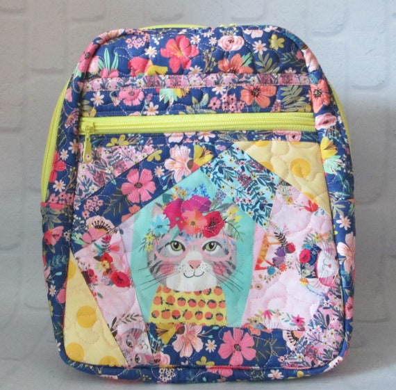 Kitten Floral Envy Backpack Purse, Handmade in USA, Purse, Backpack, Day Bag, Knapsack, Quilted, BigBlackDogDesgins, Zippered Day Pack