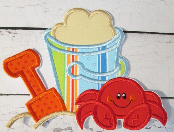 Beach Bucket and Crab - Iron On or Sew On Embroidered Custom Made Applique