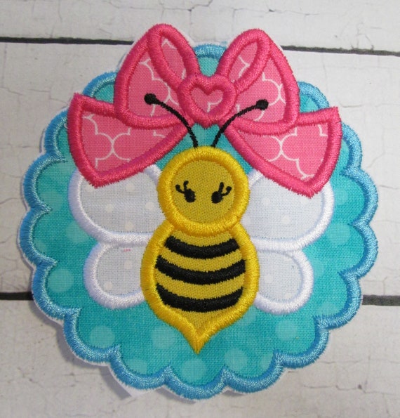Scallop Bee Big Bow Iron On or Sew On Embroidered Applique Patch, BigBlackDogDesigns, Handmade, Custom Made , Appliques