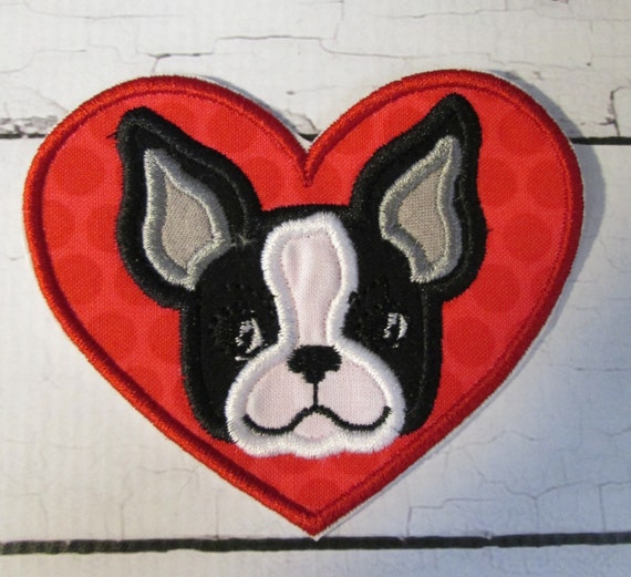Boston Terrior Heart - Iron On or Sew On Embroidered Custom Made Applique