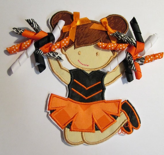 Cheerleader Single with Korker Bow Pom Poms - Sports Team Iron On or Sew On Embroidered Appliques