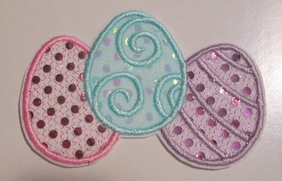 Easter Egg Trio, Applique, Patch, Iron On, Sew On, Handmade, BigBlackDogDesgins, Eggs, Sequin Eggs, Embroidery