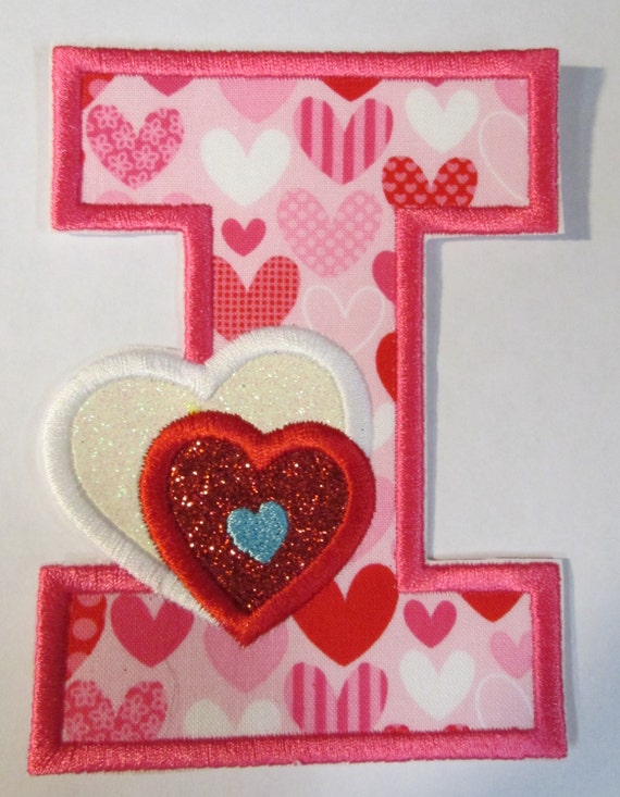 Valentine Letter with Hearts, Iron On Applique Patch, Sew On, Custom Made, Embroidered, Patches