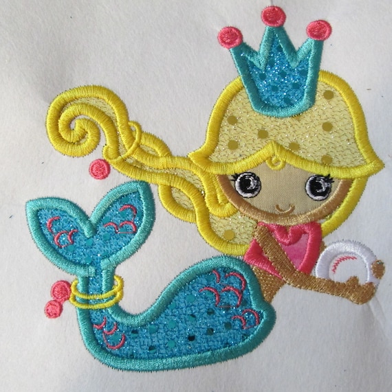 Mermaid Princess, Iron On or Sew On Embroidered Applique Patch, Handmade, Customize, BigBlackDogDesigns, Mermaid, Pearl, Crown, Princess