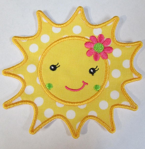Sun With Flower, Iron On Applique Patch, BigBlackDogDesigns, Applique, Patches, Fabric, Embroidered,