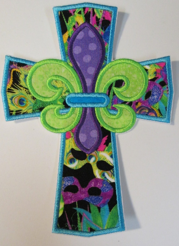 Mardi Gras Cross - Iron On or Sew On Embroidered Applique