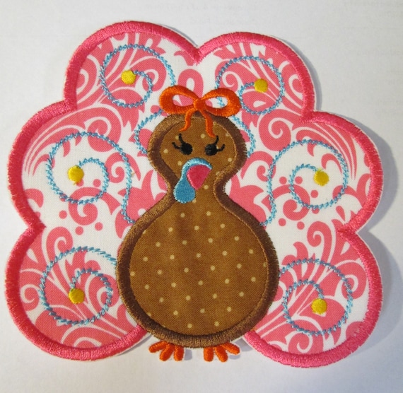 Swirly Girly Turkey - Iron on or Sew On Embroidered Custom Made Applique - SHIPS FAST