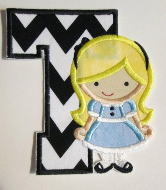 Alice in the Wonderland Letter or with Birthday Number - Iron On or Sew On Embroidered Custom Made Applique