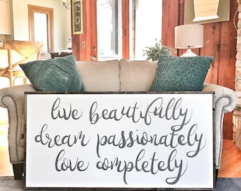 Living Room By Live Beautifully live beautifully dream passionately love completely wood sign bedroom decor live dream love framed wall decor