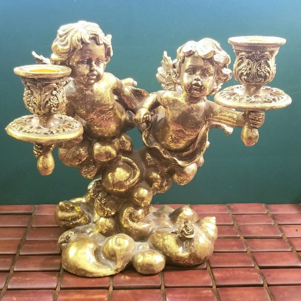 Vintage Marc Roberts Hollywood Regency Gold Cherub Angels Candle Holder