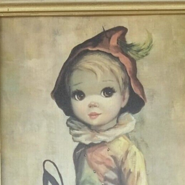 Vintage 1960s Jean Maio Harlequin Boy Big Eyes Framed Print 18"x10" Mid Century