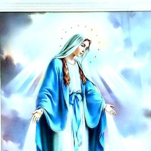 Our Lady of Grace Virgin Mary Madonna Lithograph Catholic Iconography Antique Early 1900s 16&quot;x13&quot;