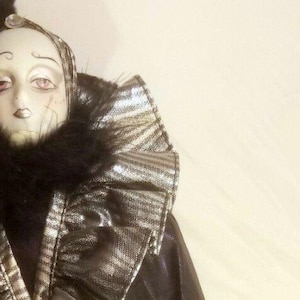 Vintage Harlequin Clown Porcelain Bisque Doll 16&quot; Tall Silver & Black