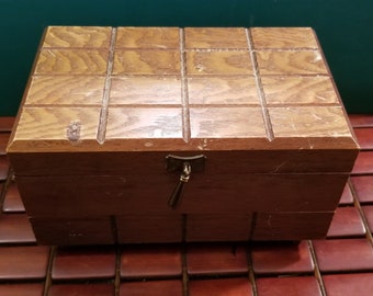 Vintage Mid Century Geometric Wooden Jewelry Box W/ Mirror & Drawer Red Velvet Lined Made in Japan 8.5&quot;X5.25&quot;X4.75&quot;