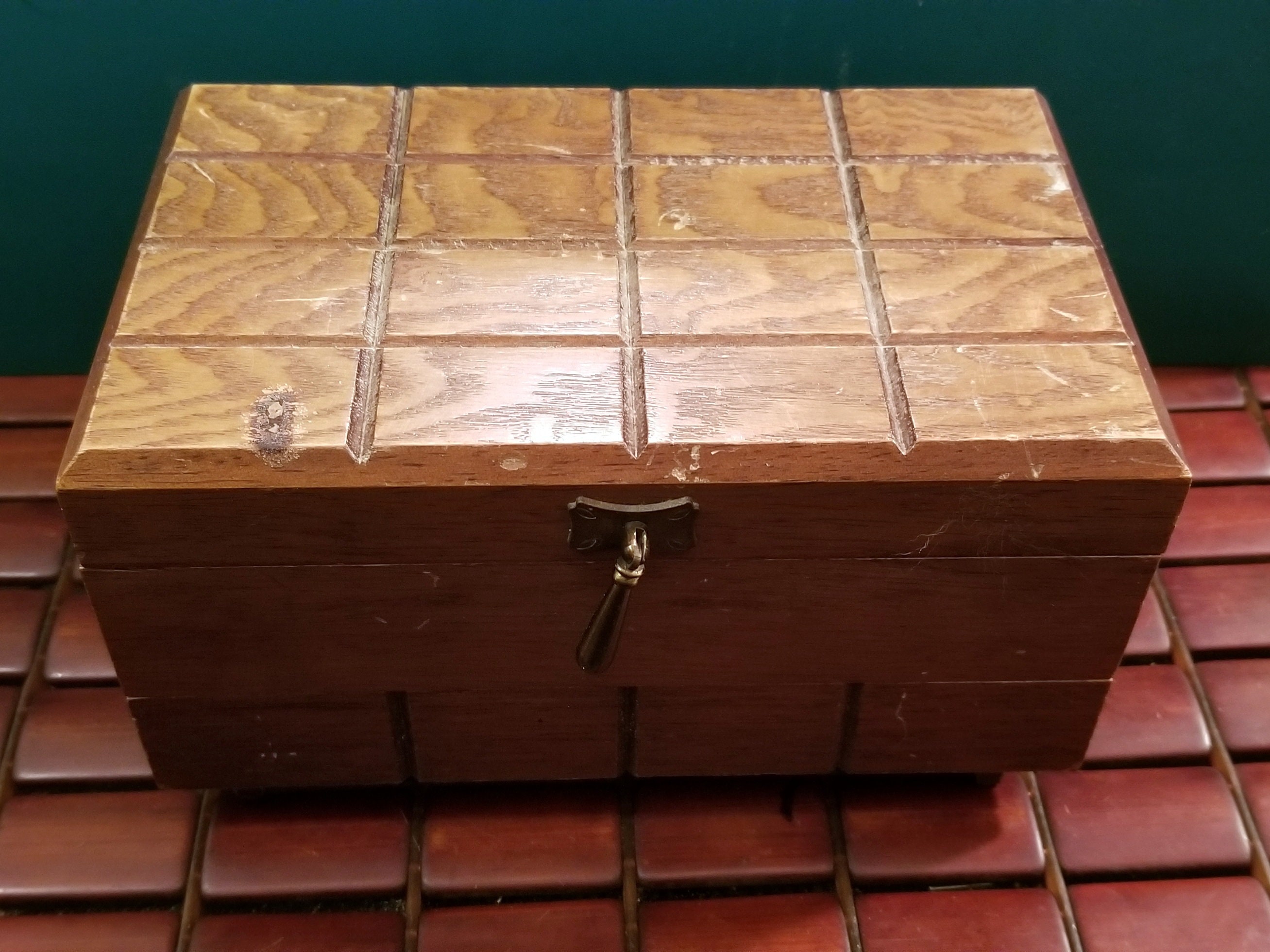 Vintage Mid Century Geometric Wooden Jewelry Box W/ Mirror