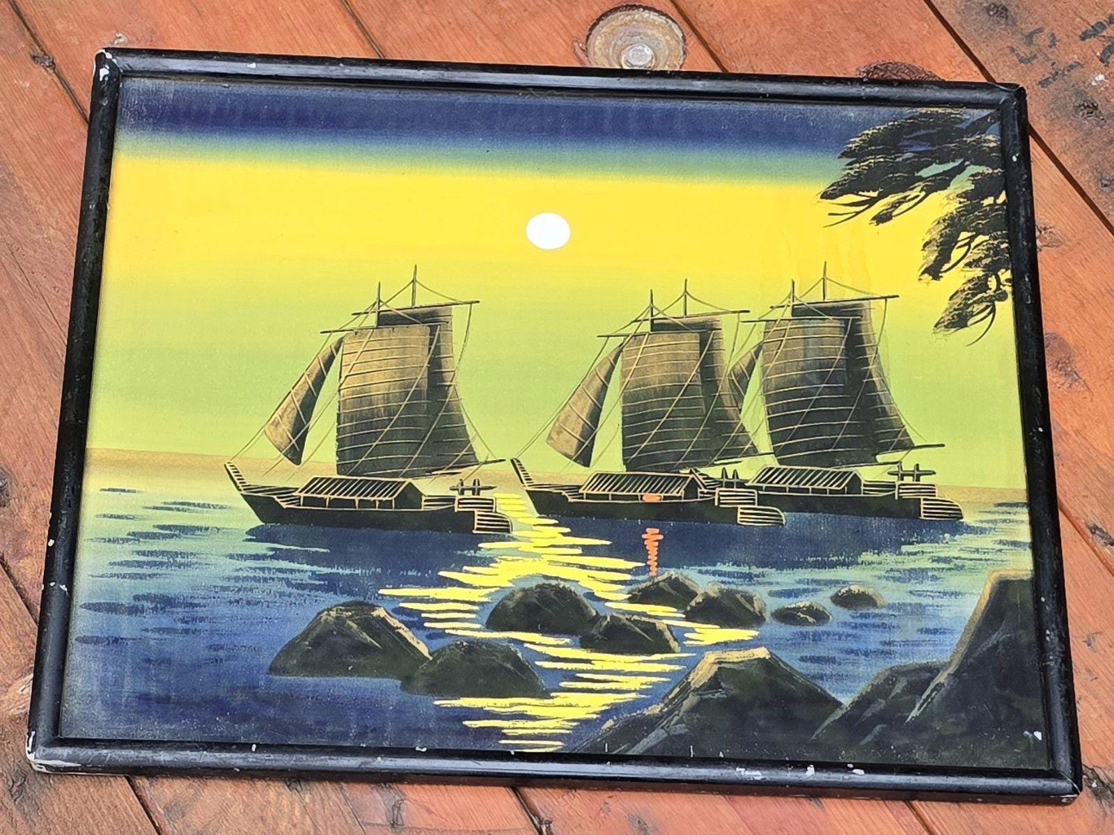 中国のジャンク帆船 ヴィンテージ 日本製 油絵 シルク 17.5インチ x