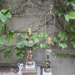 Pair of Triple Cherub Brass and Crystal Lamps Vintage Hollywood Regency 29&quot; Tall