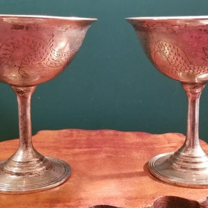 Vintage Pair of Silver-plated Copper Chalices/Cups/Goblets w/ Hand Etched Dragon Motif