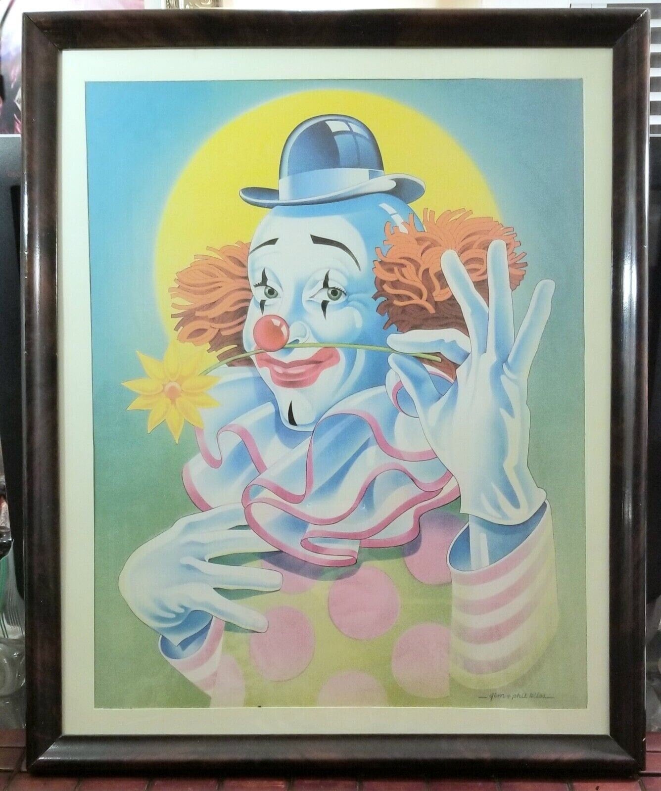 Vintage Jim & Phil Bliss Circus Clown Framed Lithograph 21.25