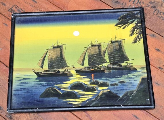 ヴィンテージ 油彩画 ジャンク船 夕景 海景画 中国のジャンク帆船 ヴィンテージ 日本製 油絵 シルク 17.5インチ x