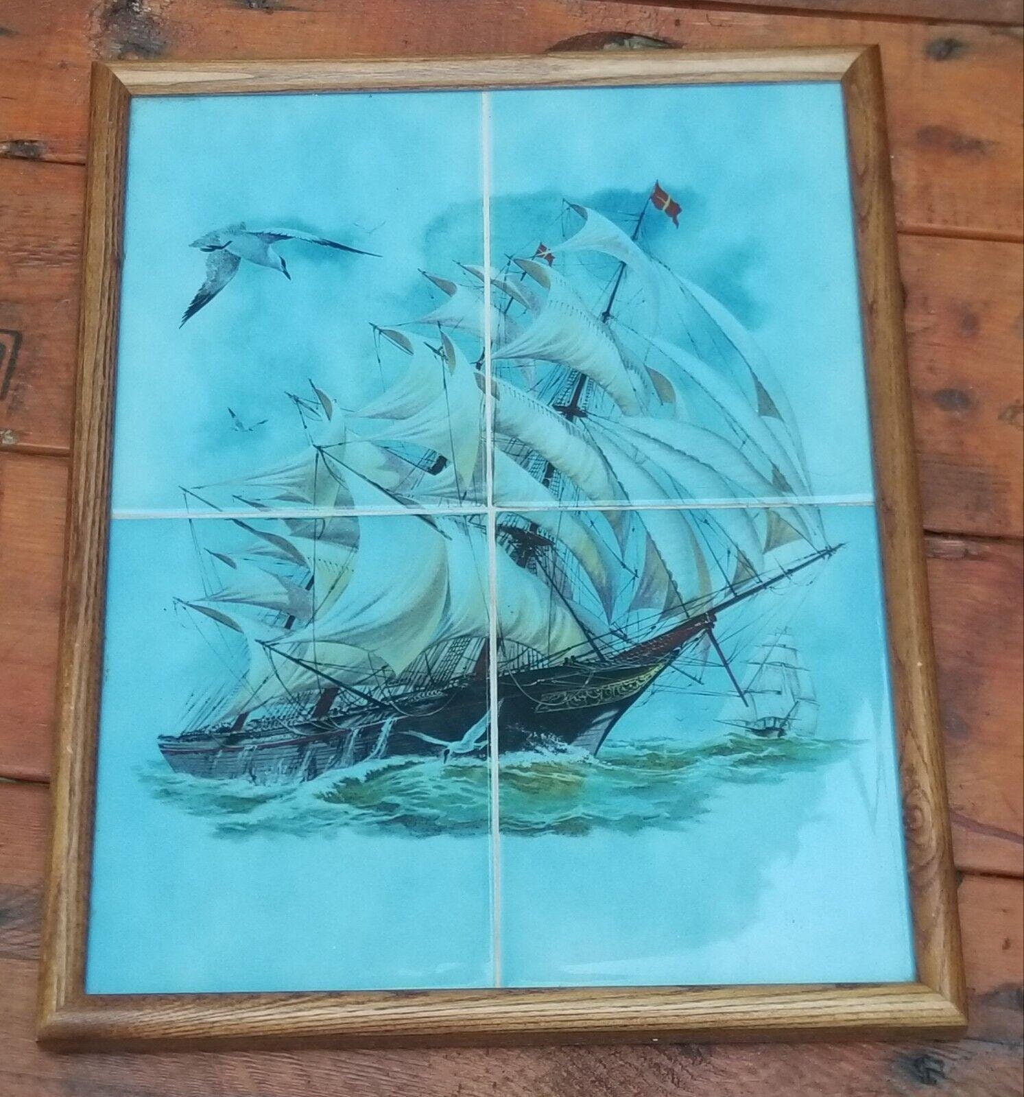 デルフト焼き タイル P5157 オランダ タイル 陶板画 帆船図 飾額 木製