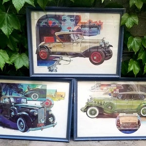 Set of 3 Vintage Antique Classic Car Automobile Art Prints 1928 Pierce-Arrow Model 81, 1932 Cadillac, 1937 Packard Retro Garage ~18&quot;X14&quot;