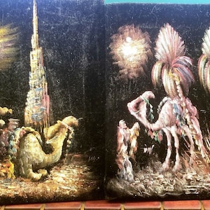 &quot;Paar Vintage Schwarzer Samt Kamel Gemälde Kitsch Mid Century Kunstwerk 8 &quot;x 10&quot;