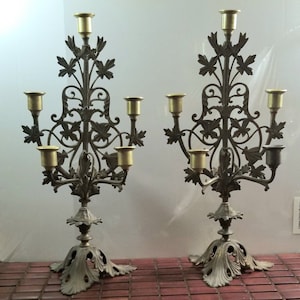 Antique Pair of Baroque Ornate Brass 5 Candle Church Altar Candelabras 18.25"x8.75"x6"