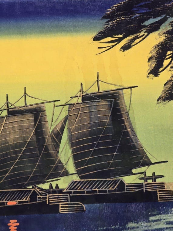 帆船　絵画　油絵　chang 中国のジャンク帆船 ヴィンテージ 日本製 油絵 シルク 17.5インチ x
