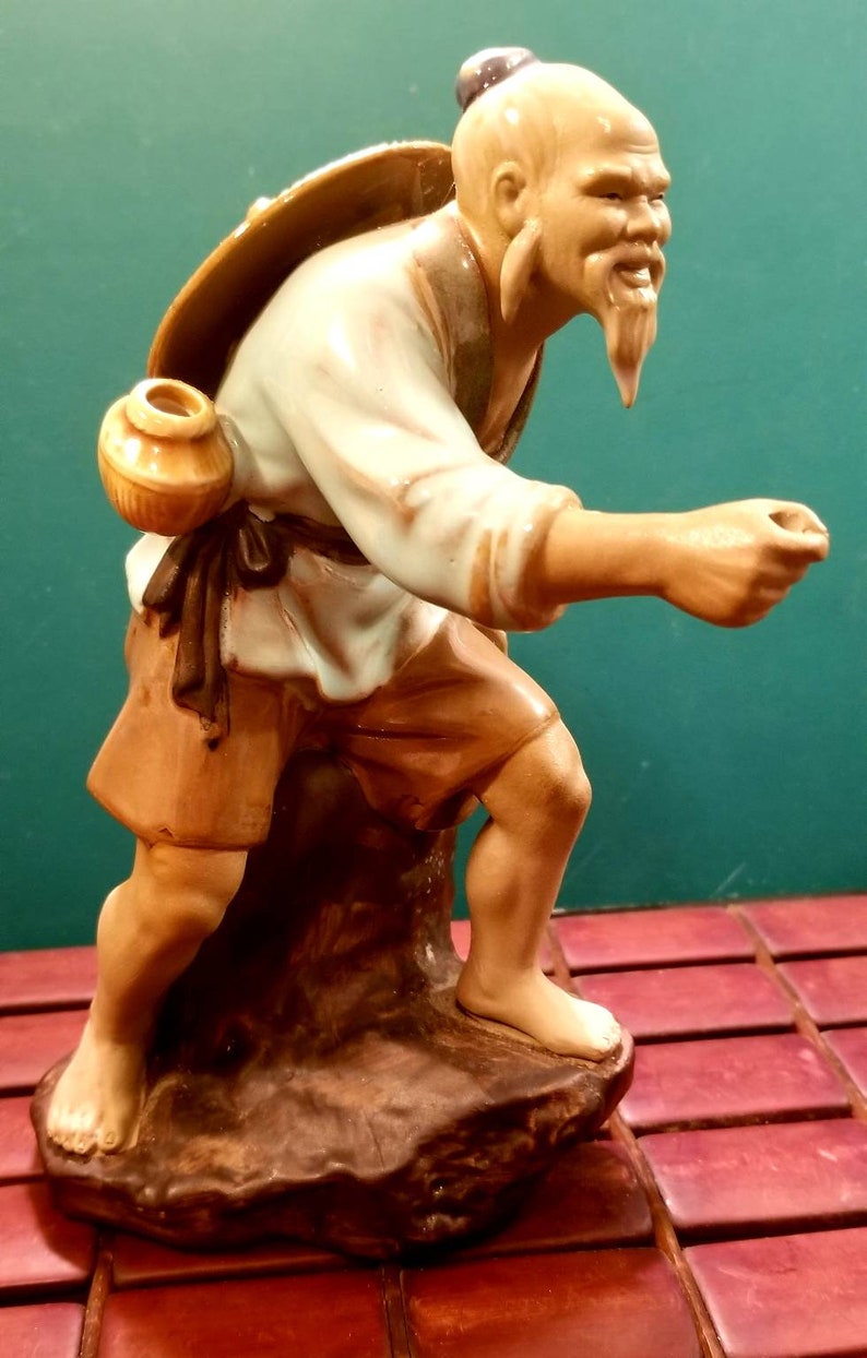 Vintage Chinese Mudman Fisherman Clay Figurine Sitting on Rock Etsy