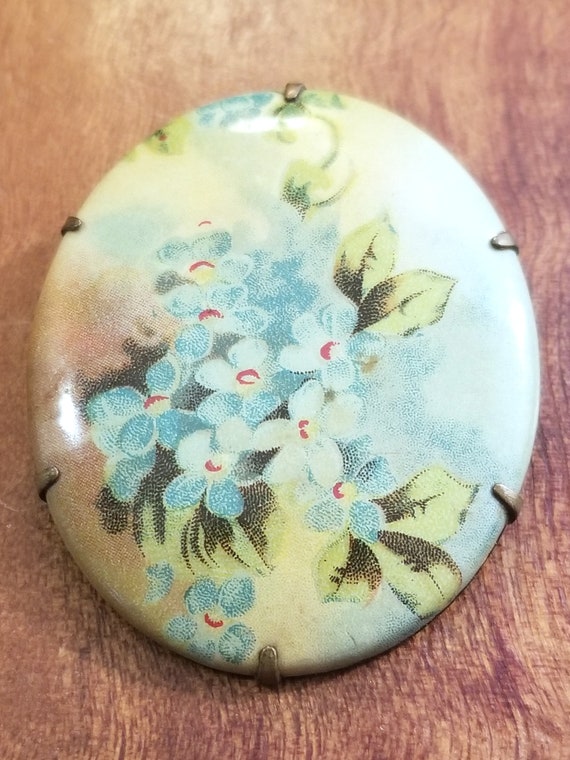 Antique Victorian Hand Painted Flowers Oval Brooch