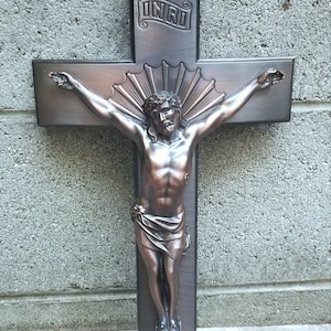 Vintage Parsons  Curved Bronze Crucifix Casket Topper  15.75"x9"