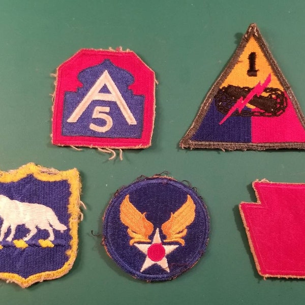 5 WW2 US Army Vintage Embroidered Unit Patches 28th Infantry 1st Armored 5th Army Northern Command Army Air Forces USAAF SD National Guar