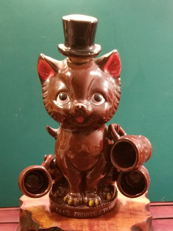 Dad's Private Stuff Cat in Top Hat Liquor Decanter With 3 Etsy