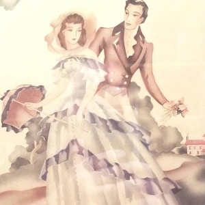 Vintage Victorian Courting Couple 1940s Watercolor Style Framed Lithograph Signed Crane or C Pane 13.5&quot;x11.5&quot;