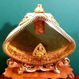 Vintage Hollywood Regency Stylebuilt Ormolu Rose Beveled Glass Triangular Perfume Bottle Casket 24kt Gold Gilded With Floral Motif