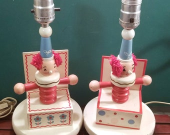 Vintage Pair of 1960s Wooden Clown Jack in the Box Children’s Nursery Lamps Nursery Plastics Inc. 12"x6" Diameter