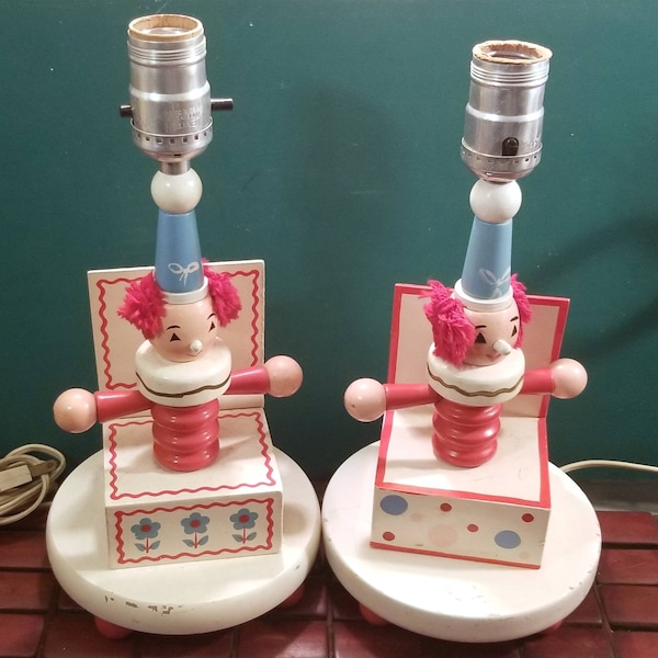 Vintage Pair of 1960s Wooden Clown Jack in the Box Children’s Nursery Lamps Nursery Plastics Inc. 12"x6" Diameter